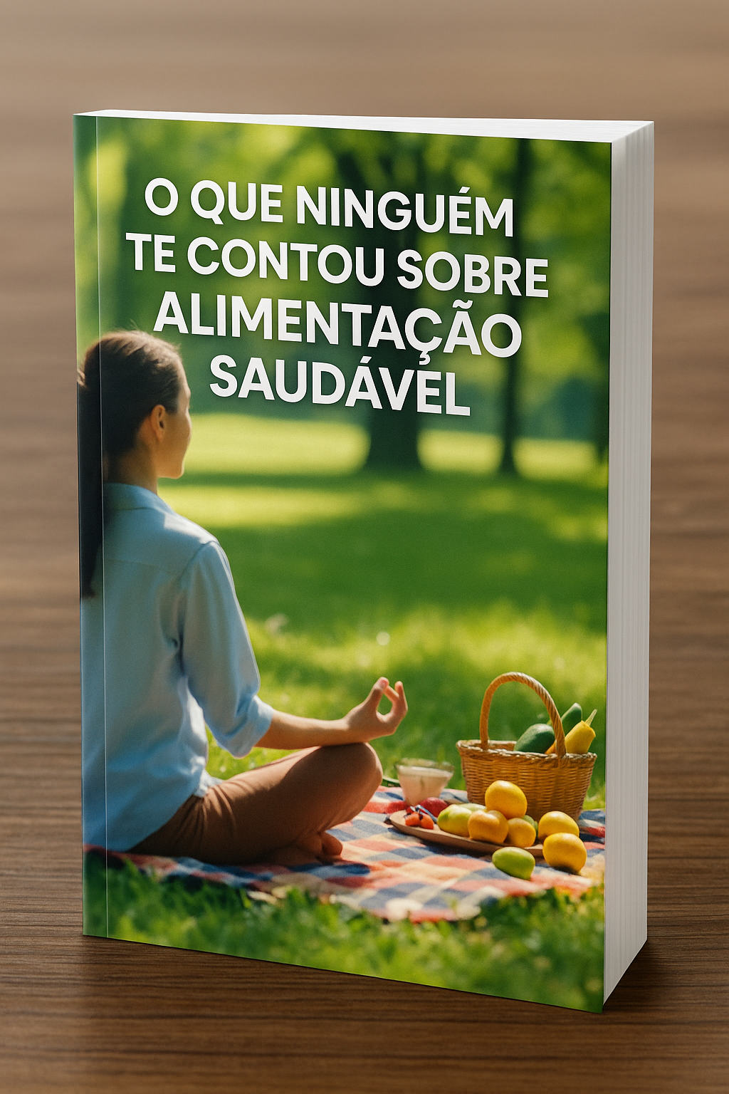 Capa do eBook: O Que Ninguém Te Contou Sobre Alimentação Saudável - Pessoa meditando em um piquenique com frutas frescas